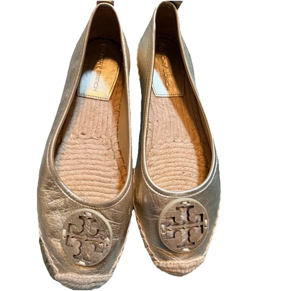 Tory Burch Eleanor Logo Espadrille Leather Flat Metallic Silver US 7.5M